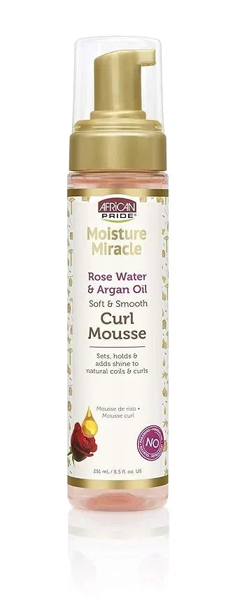 African Pride Moisture Miracle Rose Water & Argan Oil Curl Hair Mousse, Flexible Hold, Enhances Curls, Creates Wave Patterns, No Residue, Deep Moisture, Adds Shine, Strengthens & Protects Hair, 8.5 oz — CLIPRONS