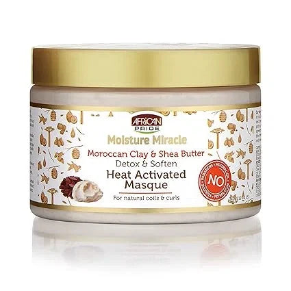 African Pride Moisture Miracle Moroccan Clay & Shea Butter Heat Activated Masque - For Natural Coils & Curls, Detoxes & Softens, Removes Impurities & Product Build-Up from Hair 12 oz — CLIPRONS
