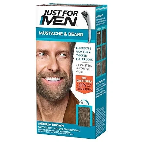 Just For Men Mustache & Beard, Beard Coloring for Gray Hair with Brush, with Keratin Biotin Aloe and Coconut Oil for Healthy Facial Hair - Medium Brown, M-35, Pack of 1 (Packaging May Vary) — CLIPRONS