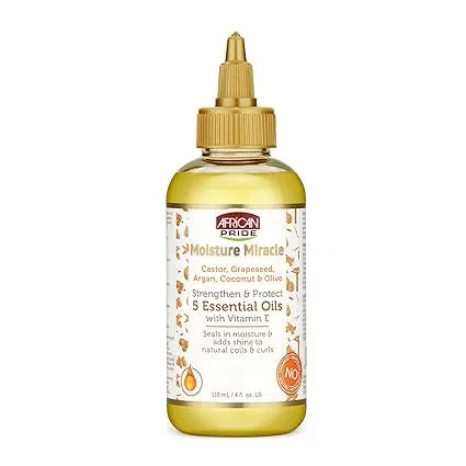 African Pride Moisture Miracle 5 Essential Hair Oils with Vitamin E | Moisture, Shine, Protection, and Growth | Argan, Castor, Grapeseed, Coconut, and Olive Oil | 4 oz — CLIPRONS